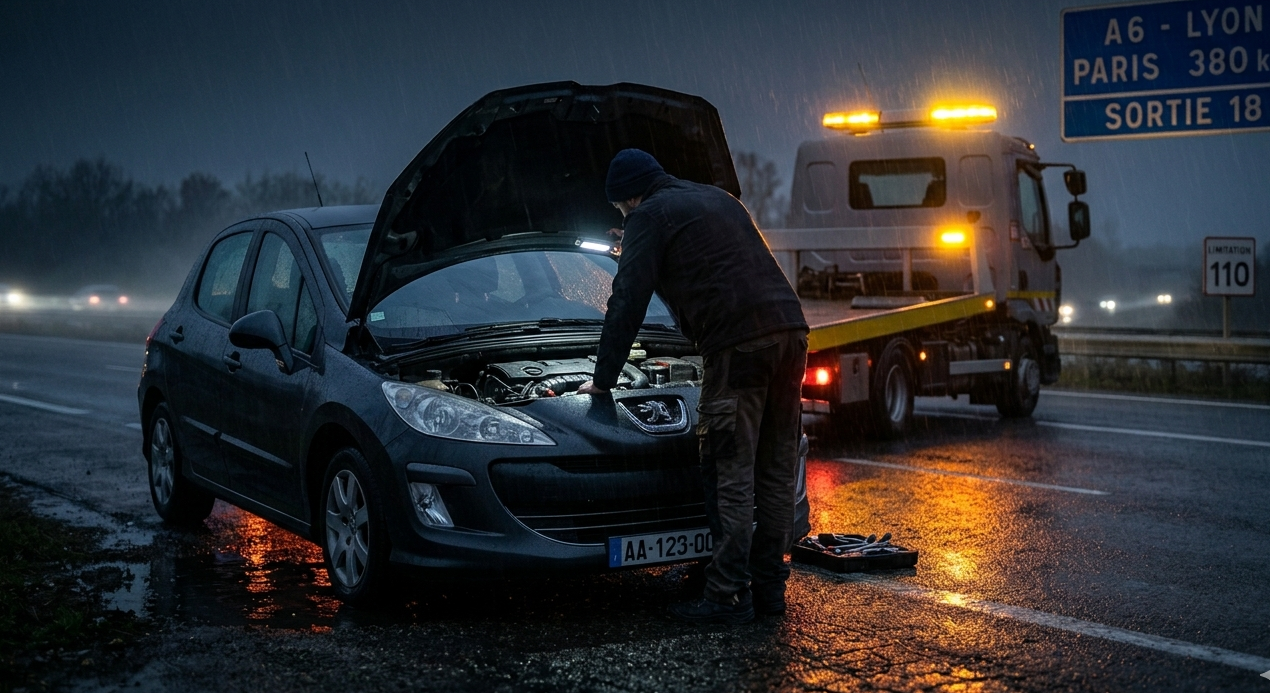 Mécanicien inspectant le moteur d'une Peugeot en panne sur autoroute A6 sous la pluie intense de nuit