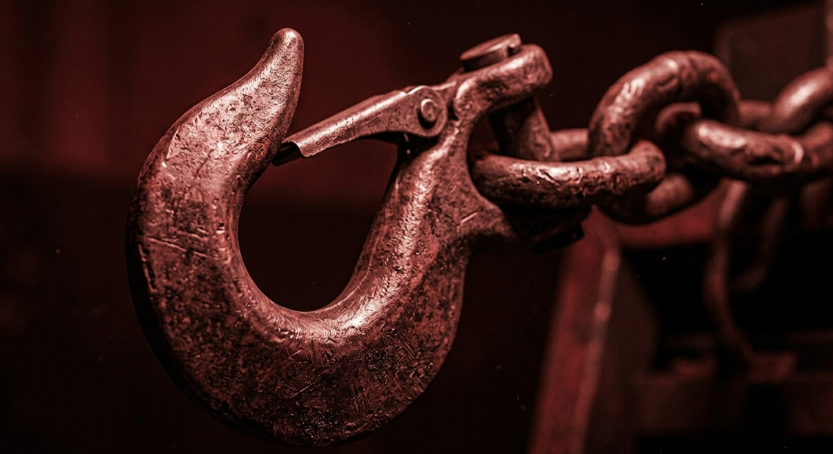 Gros plan d'un crochet de dépanneuse en métal industriel rougeâtre avec chaîne lourde