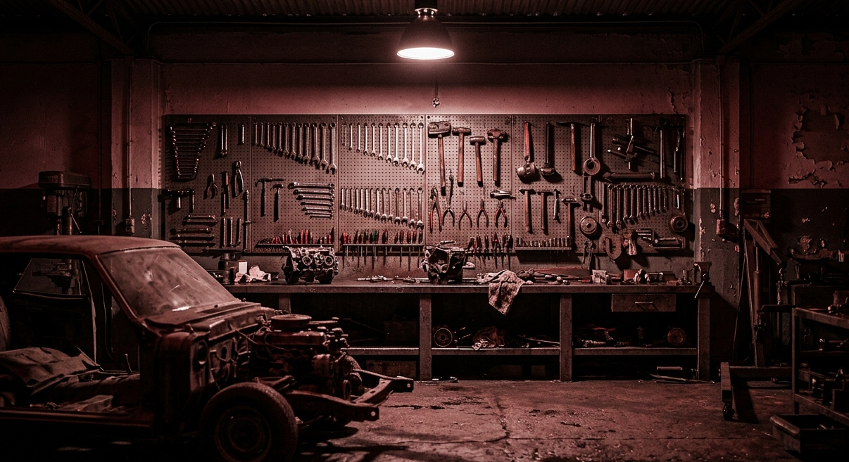 Atelier mécanique sombre avec mur entier d'outils organisés sous une unique lumière industrielle