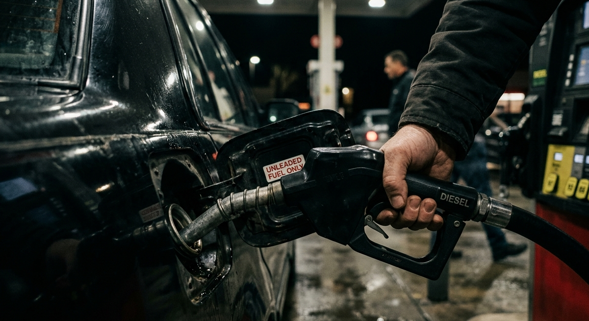 Main insérant une pompe diesel dans un réservoir avec autocollant UNLEADED FUEL ONLY à une station-service de nuit